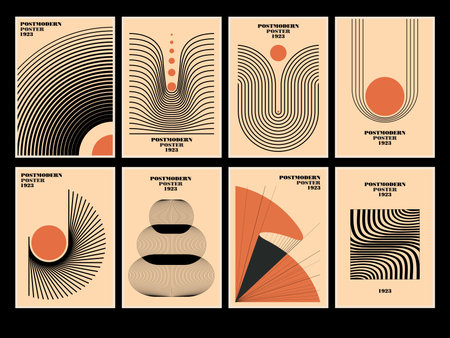 Set of 20s minimalistic geometric posters inspired postmodern of vector abstract dynamic symbols with bold geometric shapes, useful for web background, poster art design, hi-tech print, cover artworkのイラスト素材