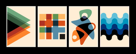 Set of 20s minimalistic geometric posters inspired postmodern of vector abstract dynamic symbols with bold geometric shapes, useful for web background, poster art design, hi-tech print, cover artworkのイラスト素材