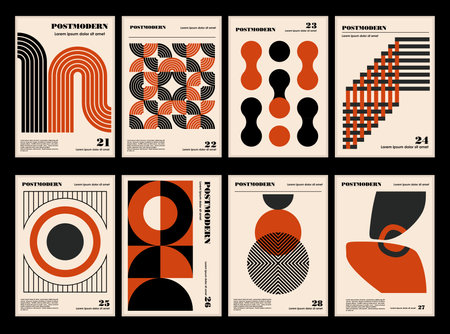 Artworks, posters inspired postmodern of vector abstract dynamic symbols with bold geometric shapes, useful for web background, poster art design, magazine front page, hi-tech print, cover artwork.のイラスト素材
