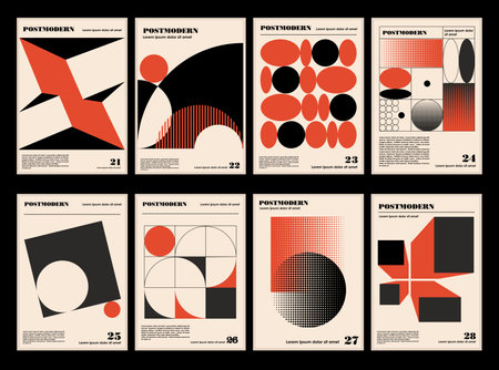Artworks, posters inspired postmodern of vector abstract dynamic symbols with bold geometric shapes, useful for web background, poster art design, magazine front page, hi-tech print, cover artwork.のイラスト素材
