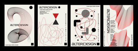 Swiss Style. Artworks, posters inspired postmodern of vector abstract dynamic symbols with bold geometric shapes, useful for web background, magazine front page, hi-tech print, cover artwork.のイラスト素材