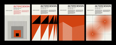 Swiss Style. Artworks, posters inspired postmodern of vector abstract dynamic symbols with bold geometric shapes, useful for web background, magazine front page, hi-tech print, cover artwork.のイラスト素材