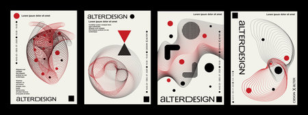 Swiss Style. Artworks, posters inspired postmodern of vector abstract dynamic symbols with bold geometric shapes, useful for web background, magazine front page, hi-tech print, cover artwork.のイラスト素材