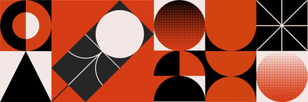 Postmodern-inspired deconstructed artwork featuring vector abstract symbols and bold geometric shapes. Ideal for web backgrounds, poster art design, magazine covers, hi-tech prints, and cover artwork.のイラスト素材