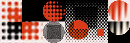 Postmodern-inspired deconstructed artwork featuring vector abstract symbols and bold geometric shapes. Ideal for web backgrounds, poster art design, magazine covers, hi-tech prints, and cover artwork.のイラスト素材