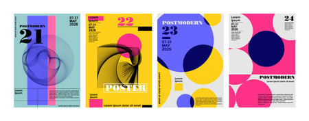 Artworks, posters inspired postmodern of vector abstract dynamic symbols with bold geometric shapes Engraving illustrations and typography. Background images for cover, banner, poster. T-shirt print.のイラスト素材