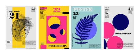 Artworks, posters inspired postmodern of vector abstract dynamic symbols with bold geometric shapes Engraving illustrations and typography. Background images for cover, banner, poster. T-shirt print.のイラスト素材