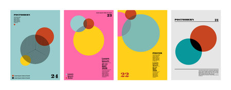 Artworks, posters inspired postmodern of vector abstract dynamic symbols with bold geometric shapes, useful for web background, poster art design, magazine front page, hi-tech print, cover artwork.のイラスト素材