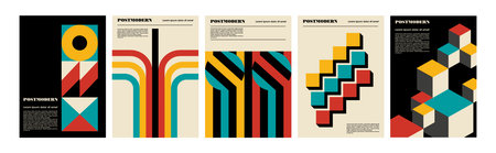 Artworks, posters inspired postmodern of vector abstract dynamic symbols with bold geometric shapes, useful for web background, poster art design, magazine front page, hi-tech print, cover artwork.のイラスト素材