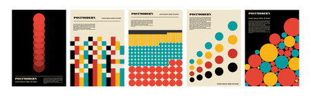 Artworks, posters inspired postmodern of vector abstract dynamic symbols with bold geometric shapes, useful for web background, poster art design, magazine front page, hi-tech print, cover artwork.のイラスト素材