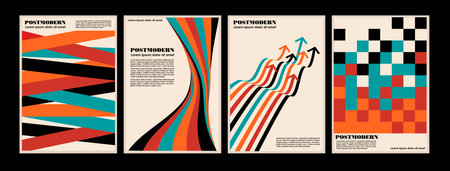 Artworks, posters inspired postmodern of vector abstract dynamic symbols with bold geometric shapes, useful for web background, poster art design, magazine front page, hi-tech print, cover artwork.のイラスト素材