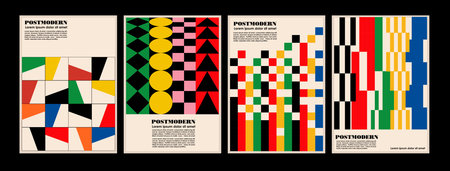 Artworks, posters inspired postmodern of vector abstract dynamic symbols with bold geometric shapes, useful for web background, poster art design, magazine front page, hi-tech print, cover artwork.のイラスト素材