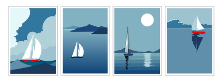 Vintage Retro Minimalist Sailing Posters Set , Nautical Wall Art with Sailboats, Ocean Travel Decor, Maritime Adventure Printsのイラスト素材
