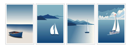 Vintage Retro Minimalist Sailing Posters Set , Nautical Wall Art with Sailboats, Ocean Travel Decor, Maritime Adventure Printsのイラスト素材