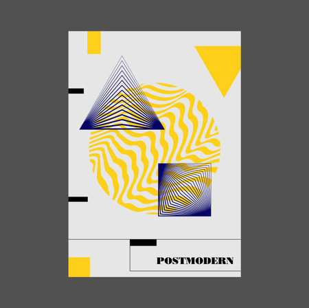 Poster inspired postmodern of vector abstract dynamic symbols with bold geometric shapes, useful for web background, poster art design, magazine front page, hi-tech print, cover artwork.のイラスト素材