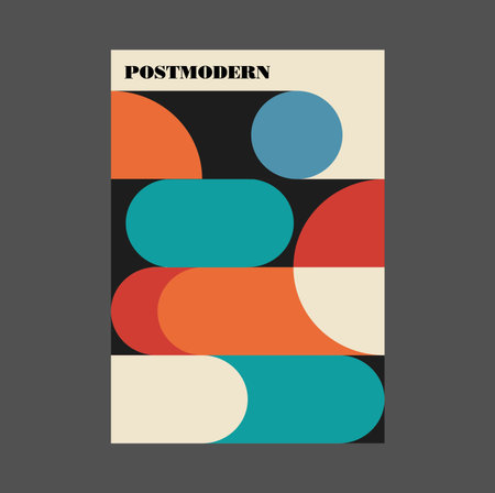 Poster inspired postmodern of vector abstract dynamic symbols with bold geometric shapes, useful for web background, poster art design, magazine front page, hi-tech print, cover artwork.のイラスト素材