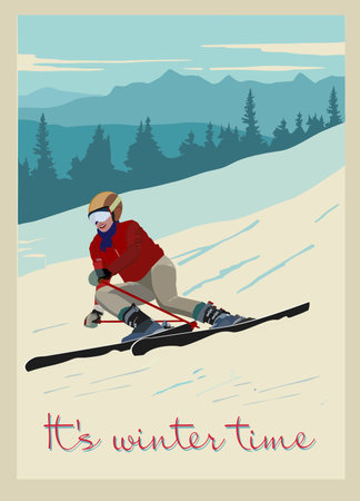 Advanced woman skiers slides near the mountain downhill. Cross-country skiers. Sports descent on skis from the mountain. Vector illustration.のイラスト素材
