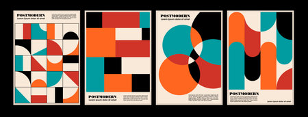 Artworks, posters inspired postmodern of vector abstract dynamic symbols with bold geometric shapes, useful for web background, poster art design, magazine front page, hi-tech print, cover artwork.のイラスト素材