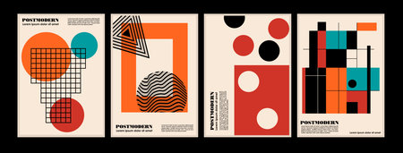 Artworks, posters inspired postmodern of vector abstract dynamic symbols with bold geometric shapes, useful for web background, poster art design, magazine front page, hi-tech print, cover artwork.のイラスト素材