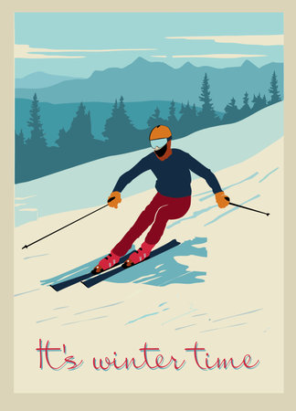 Poster. Advanced skier slides the mountain downhill. Cross-country skiers. Sports descent on skis from the mountain. Vector illustration.のイラスト素材