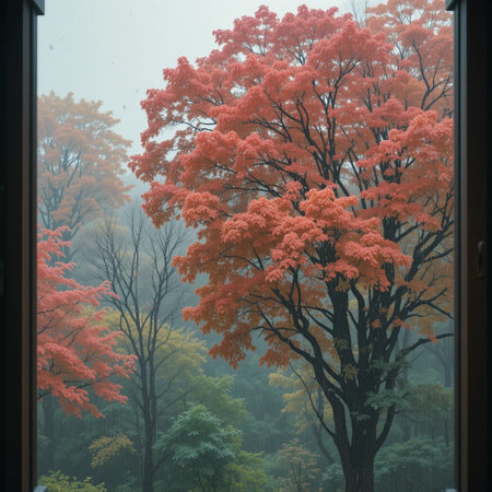 Autumn leaves on the window in a foggy day. Beautiful natural background.の素材