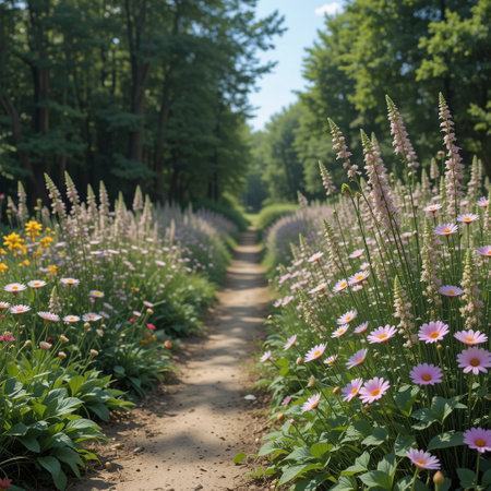 Flower garden with a path and daisies in the foregroundの素材