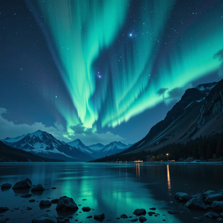 Aurora borealis over lake in the Canadian Rockies, Alberta, Canadaの素材