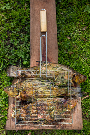 Grilled fish tench in grille on woodの写真素材