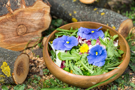 flower salad - dandelions and pansies in wooden bowlの写真素材