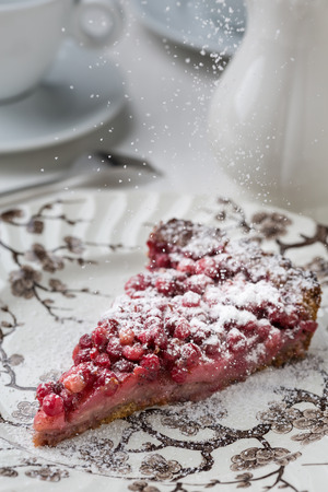 a piece of cranberry pie on plate with fork. Vertical image.の写真素材