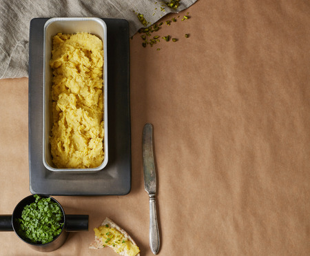 a top view of home-made jewish humus and flatbreadの写真素材