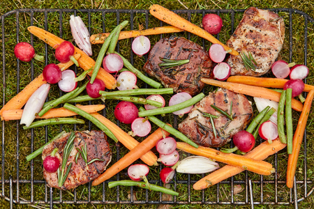a horizontal close-up image of grilled meat with carrots, radish and asparagus beans on the grassの写真素材