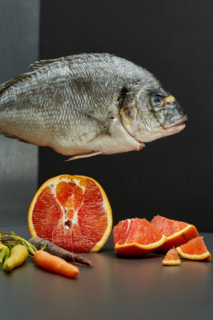 a vertical still life photo of dorado, carrots and grapefruit in the grey backgroundの写真素材