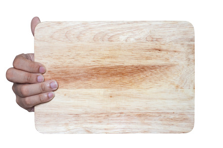 hand holding wooden sign isolated on whiteの写真素材
