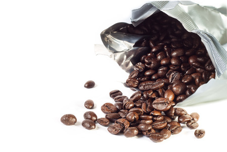 Coffee beans Plastic Bag isolated on whiteの写真素材