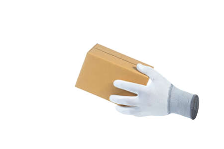 White gloves holding cardboard boxes isolated on white background
