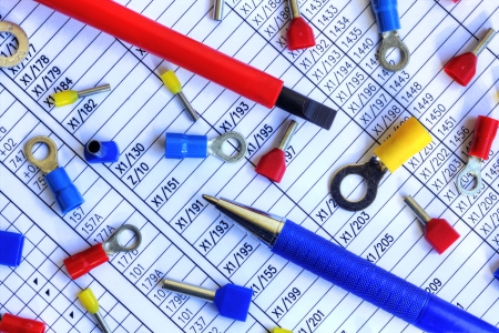 Many electrical components on schematic diagramの写真素材