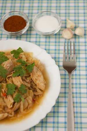 Delicious cooked chicken with cabbageの写真素材