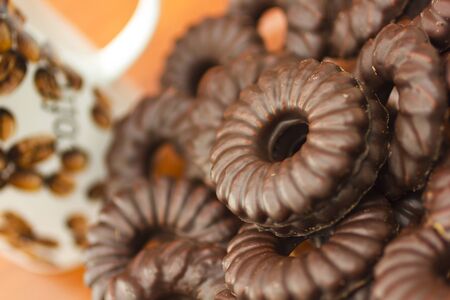 Coffee cup and chocolate biscuitsの写真素材