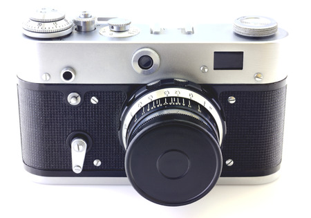 Retro camera isolated on whiteの写真素材