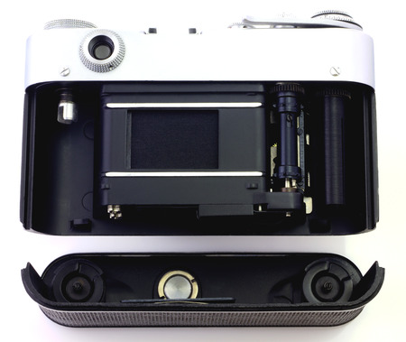 Retro camera isolated on whiteの写真素材