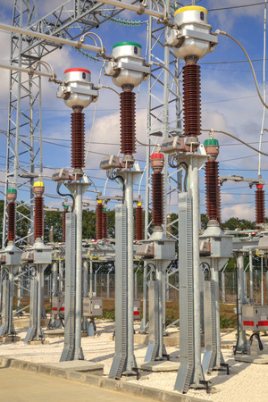 High voltage switchyard in electrical substationの写真素材