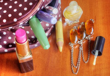 Make up bag with cosmeticsの写真素材