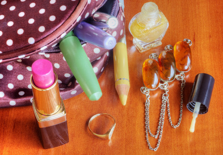 Make up bag with cosmeticsの写真素材