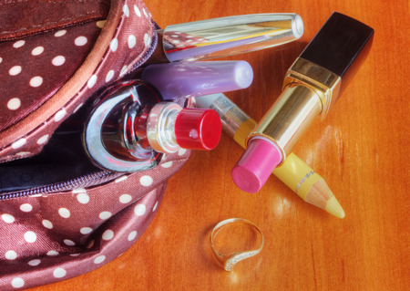 Make up bag with cosmeticsの写真素材
