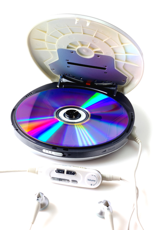 Portable CD audio player isolated on whiteの写真素材