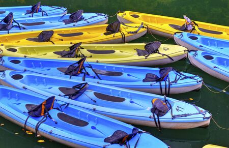 Kayaks for rent on the riverの写真素材