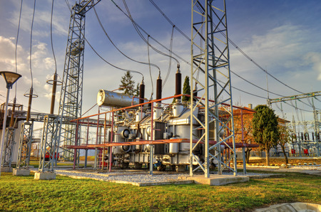 Power transformer in high voltage switchyard in modern electrical substationの写真素材