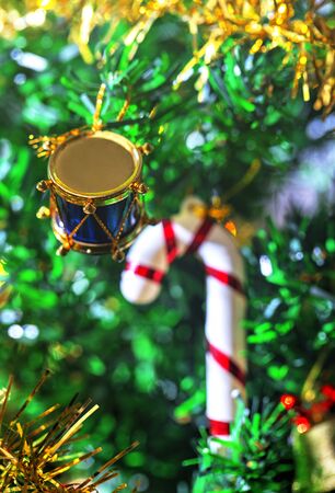 Colorful background of beautiful New Year decoration close up view