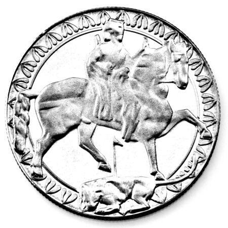 Anniversary coin of the Republic of Bulgaria isolated on white background in black and whiteの写真素材